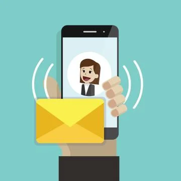 Incoming message or email. Human hand holding cellphone. Smartphone with sms Stock Illustration