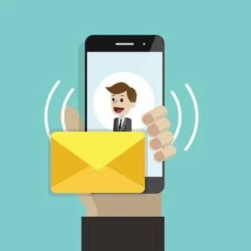 Incoming message or email. Human hand holding cellphone. Smartphone with sms Stock Illustration