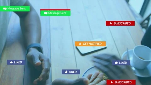 Incoming notifications appearing over smartphone, couple reaching and Stock Footage 333221378