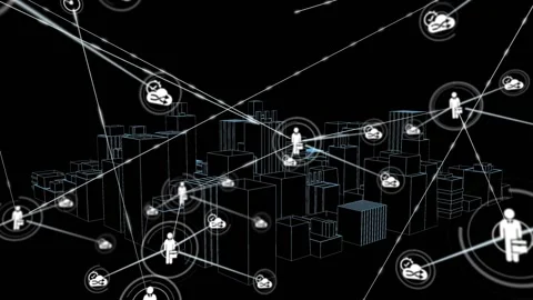 Incoming ping activating glowing lines connecting user icons over wireframe Vídeos de archivo 329812977