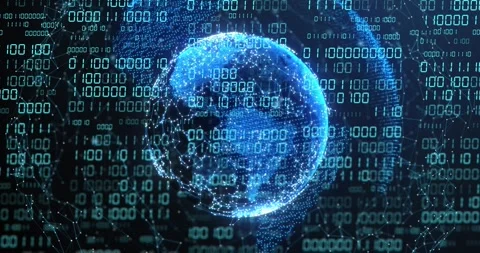 Incoming pulse starting data globe rotating, pulsing nodes, streaming binary to Stock Footage 328655811