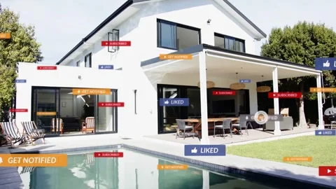 Incoming social badges popping over house and pool, rising, reflecting, fading, Stock Footage 335761853