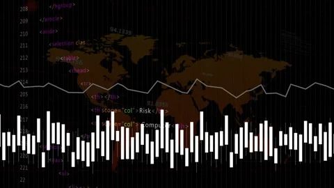 Incoming spike driving white EQ bars and line chart pulsing, rising, Stock Footage 333704772