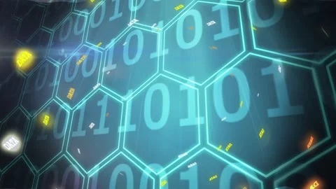 On incoming stream, cyan hex grid tilting up-right, DATA tags and binary Stock Footage 332844066