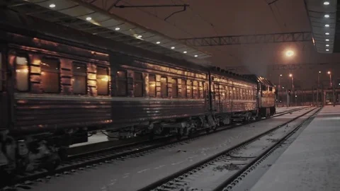 Incoming train at night, metro, train station Stock Footage 84846466
