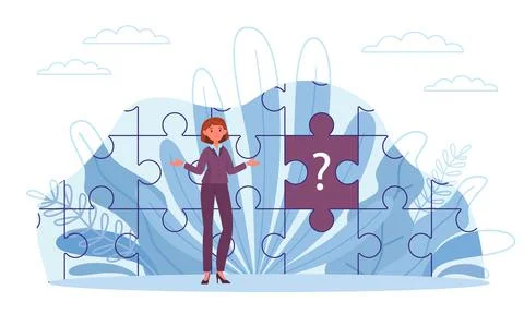 Incompleteness of picture, missing part, question sign. Woman collects puzzle Stock Illustration