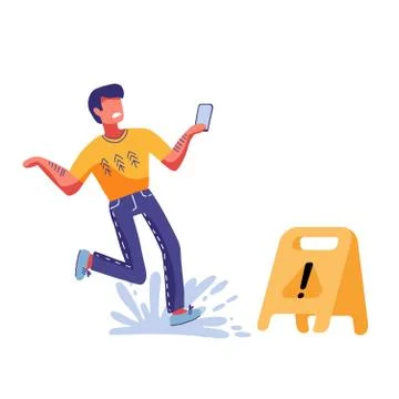 Inconsiderate man character do not see warning yellow sign and slips fall on  Stock Illustration