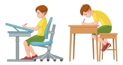 Incorrect and correct back sitting position. Vector illustration. Stock Illustration