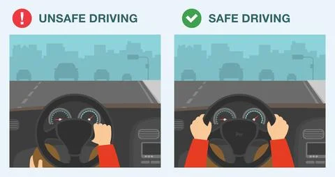 Incorrect and correct hand position to hold steering wheel. Stock Illustration