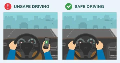 Incorrect and correct hand position to hold steering wheel. Do not use phone. Stock Illustration