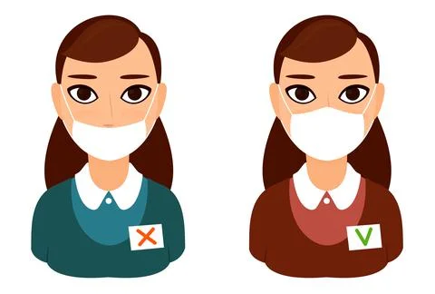 Incorrect and correct wearing of the mask - poster. covid 19. reception girl at Stock Illustration
