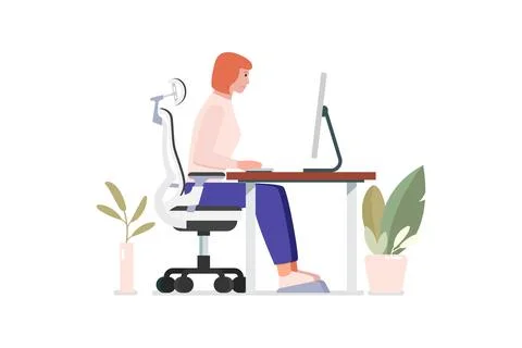 Incorrect posture for sitting at computer desk. Stock Illustration