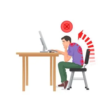 Incorrect spine posture sitting at computer Stock Illustration