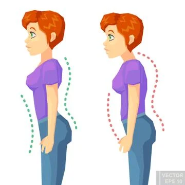 Incorrect standing posture make people have bad personality traits. Flat cart 스톡 일러스트