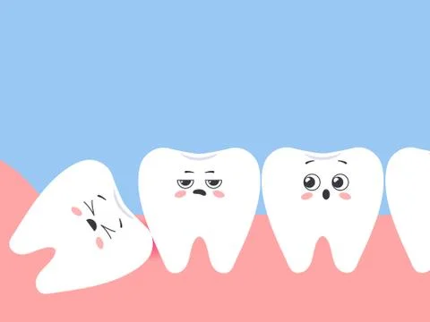 Incorrectly positioned wisdom tooth. Cartoon displeased teeth Illustrazione stock