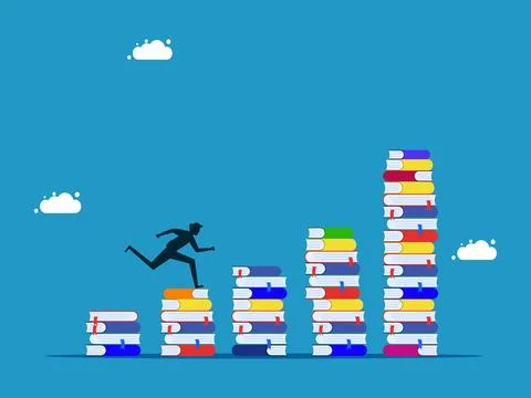 Increase knowledge or progress in learning a lot. man running on growing pile Illustrazione stock