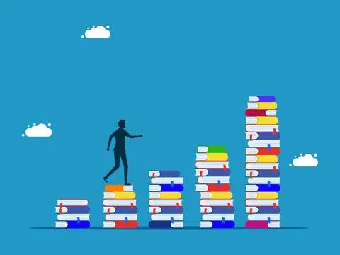 Increase knowledge or progress in studies. man walking on growing pile of boo Illustrazione stock