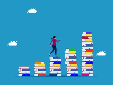 Increase knowledge or progress in studies. woman walking on growing pile of b Illustrazione stock