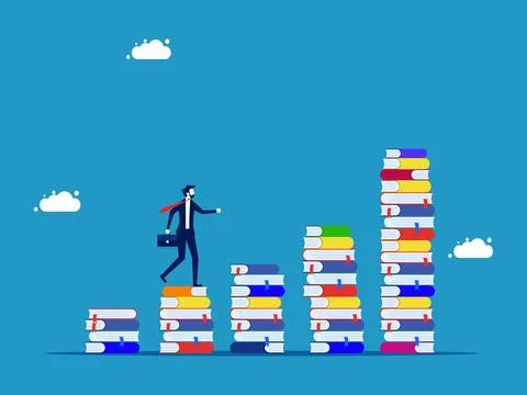Increase knowledge or progress in studies. Businessman walking on growing pil Stock Illustration