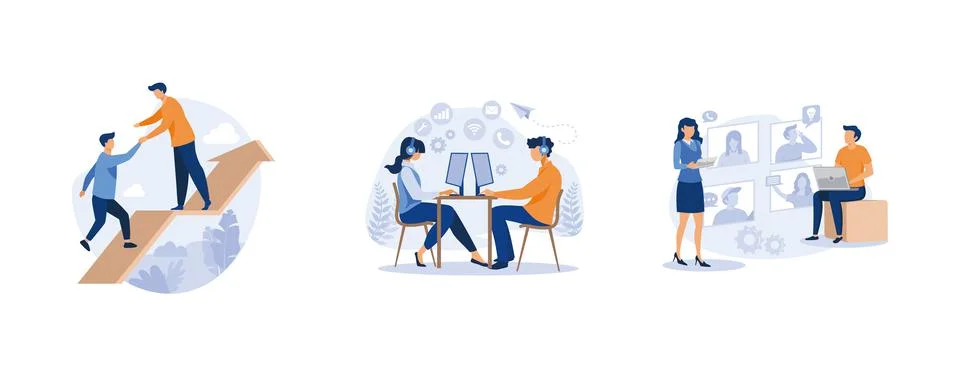 Increase motivation, hotline operators consult customers with headsets on com Stock Illustration