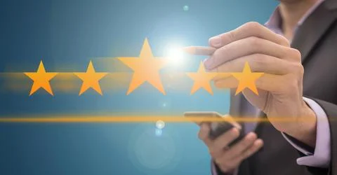 Increase rating, evaluation and classification concept. Businessman draw five Stock Photos