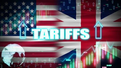 Increase tariffs animation with waving usa and united kingdom flag and digi.. Stockillustratie