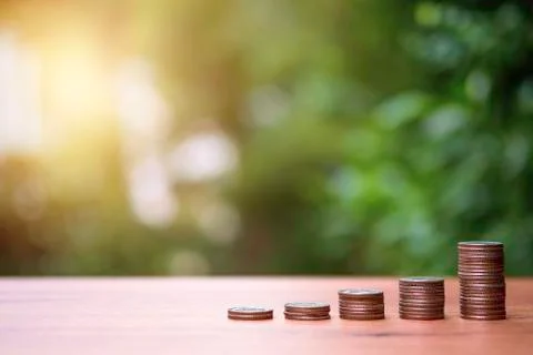 Increase trend graph of coins stacking with tree growth on greenery background Foto stock