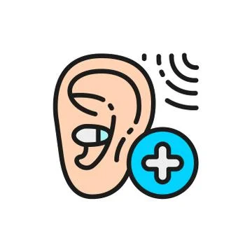 Increase volume in the hearing aid flat color line icon. Stock Illustration