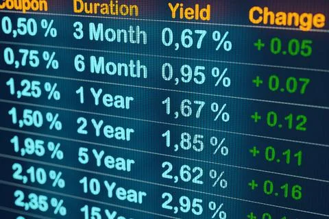 Increased bond yield and interest rates. Yield and durations for bonds and... Stock Photos