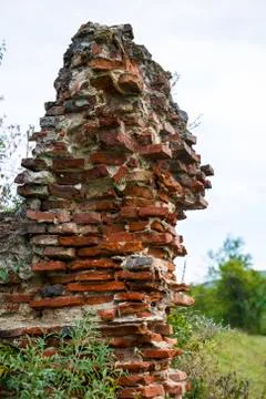 Increased vegetation on one side of the brick ruin Foto stock