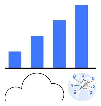 Increasing Bar Graph with Cloud and Global Network Nodes Stock Illustration