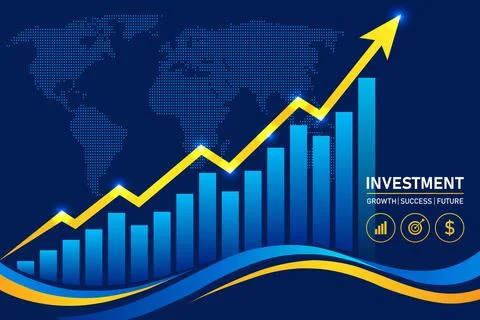 Increasing Blue Bar Chart with Upward Yellow Arrow, World Map Background 스톡 일러스트