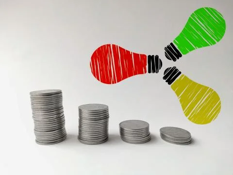 Increasing coin stack with bulbs idea and imagination concept Stock Photos