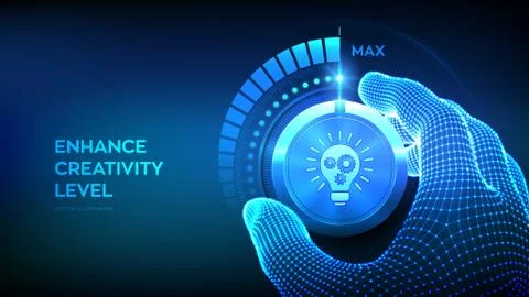 Increasing Creativity Level. Wireframe hand turning a Creativity levels knob  Stock Illustration