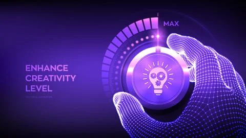 Increasing Creativity Level. Wireframe hand turning a Creativity levels knob  Stock Illustration