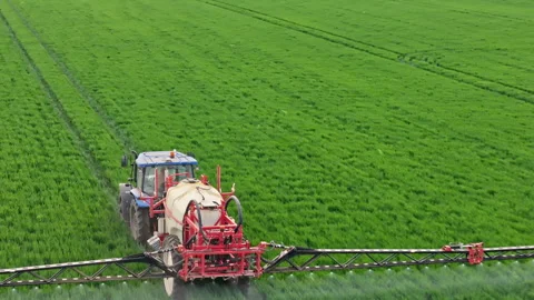 Increasing grain yield. Aerial view Pesticide Sprayer Tractor on a field Stock Footage 310036008