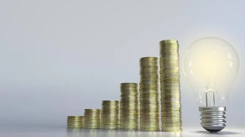 Increasing graph made of coin stacks and light bulb. Startup and idea Stock Illustration