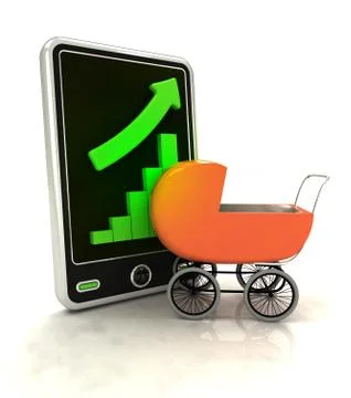 Increasing graph stats with baby carriage on smart phone display illustration Stock Illustration