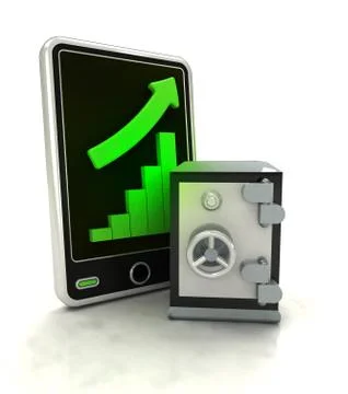 Increasing graph stats with bank vault on smart phone display illustration Ilustración de archivo