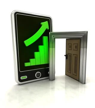 Increasing graph stats with open door to success on smart phone display Stock Illustration