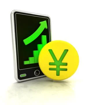 Increasing graph stats of yuan currency business on smart phone display Stock Illustration