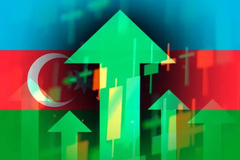 Increasing green arrows on the background of Azerbaijan flag, showing a trend of Illustrazione stock