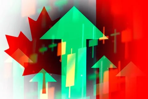 Increasing green arrows on the background of Canada flag, showing a trend of the Stock Illustration