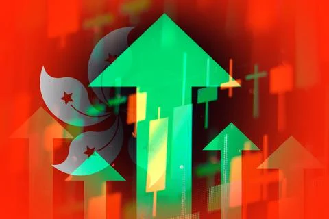 Increasing green arrows on the background of Hong Kong flag, showing a trend of Stock Illustration
