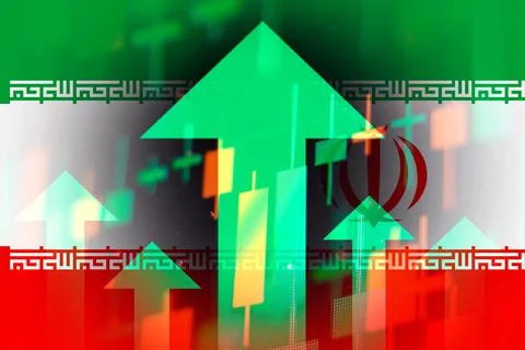 Increasing green arrows on the background of Iran flag, showing a trend of the Иллюстрация