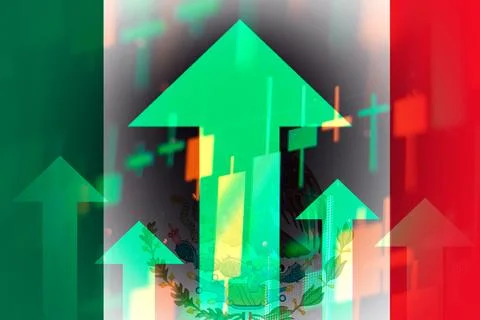 Increasing green arrows on the background of Mexico flag, showing a trend of the Stock Illustration