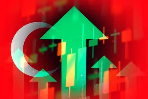 Increasing green arrows on the background of Turkey flag, showing a trend of the Illustrazione stock