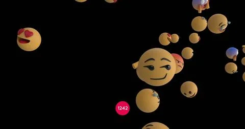 Increasing numbers on round red banner over multiple face emojis floating Stock Illustration