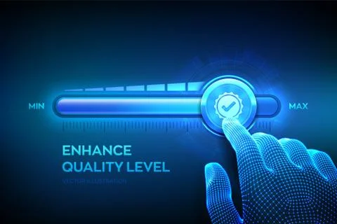 Increasing Quality level. Wireframe hand is pulling up to the maximum positio Stock Illustration