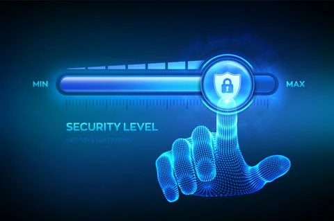 Increasing Security level. Cyber security concept. Wireframe hand is pulling  Illustrazione stock